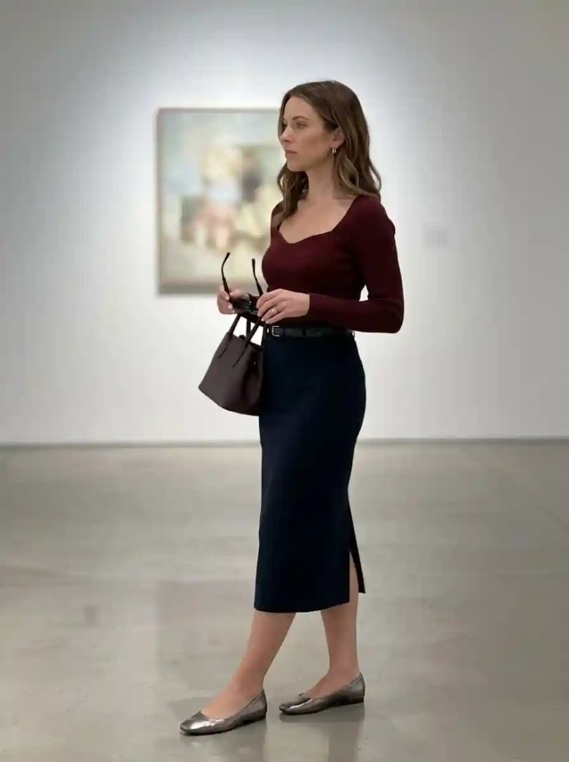 Burgundy ribbed knit top, navy pencil skirt, and metallic pointed-toe flats
