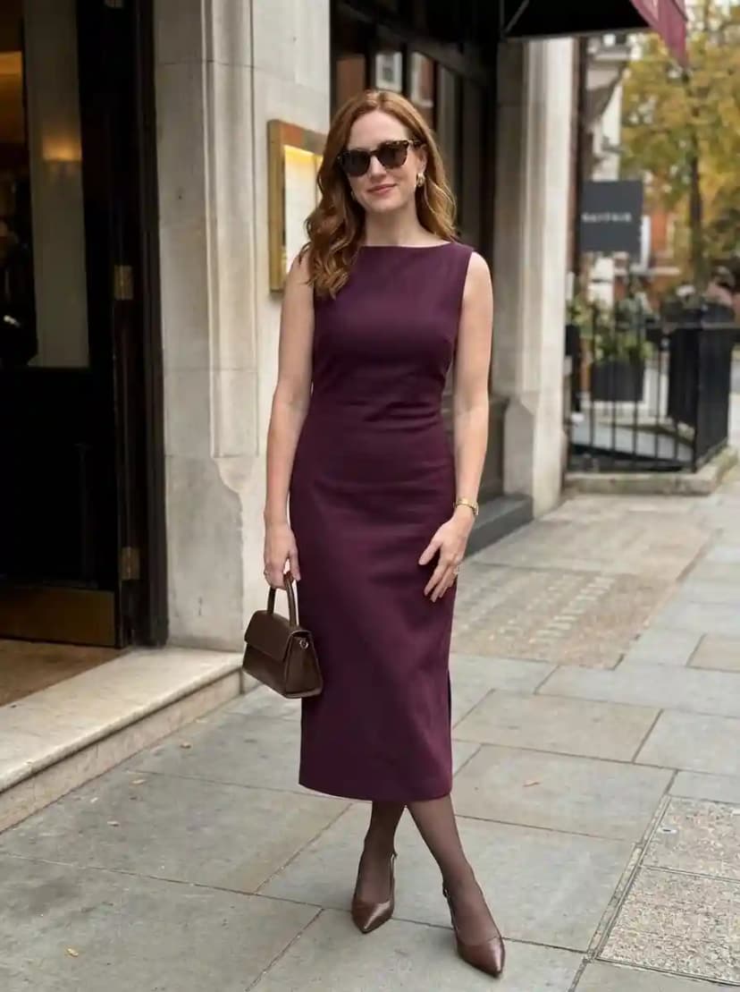 Deep plum sleeveless midi dress, chocolate brown pumps, and matching brown handbag