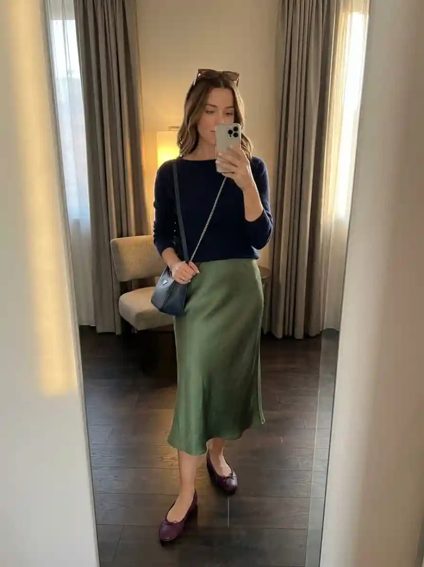 Navy crew-neck sweater, olive green satin midi skirt, and burgundy patent loafers