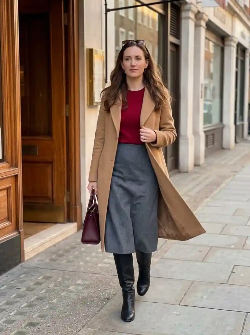 Red crewneck sweater, dark grey midi skirt, camel wool coat, and black knee-high boots