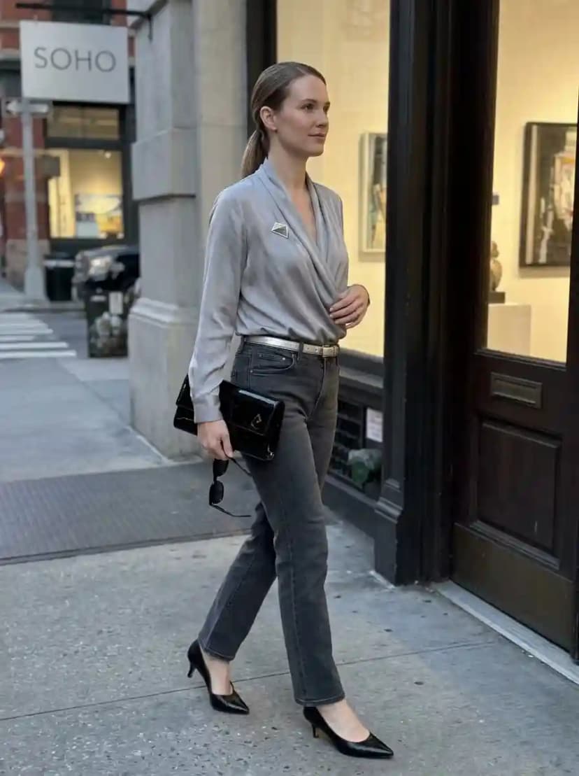 Silver-grey satin wrap blouse, charcoal grey jeans, and black patent kitten-heel pumps