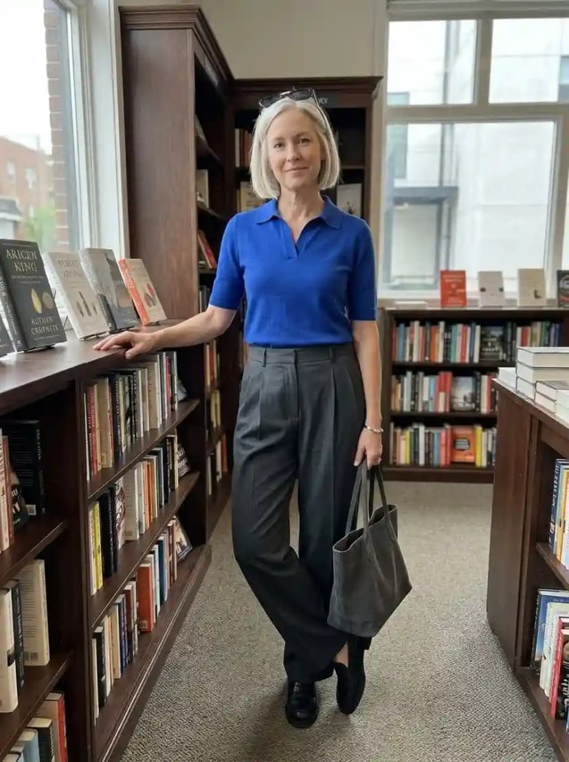 Cobalt blue polo shirt, charcoal grey pleated wide-leg trousers, and black chunky loafers