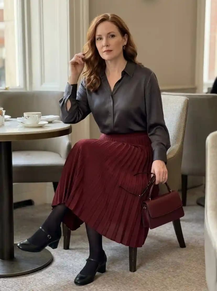 Charcoal satin blouse, burgundy pleated midi skirt, and black Mary Jane heels