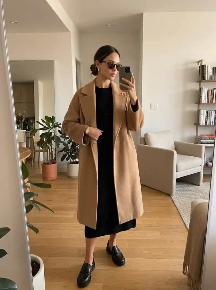 Camel Coat + Black Midi Dress + Chunky Loafers