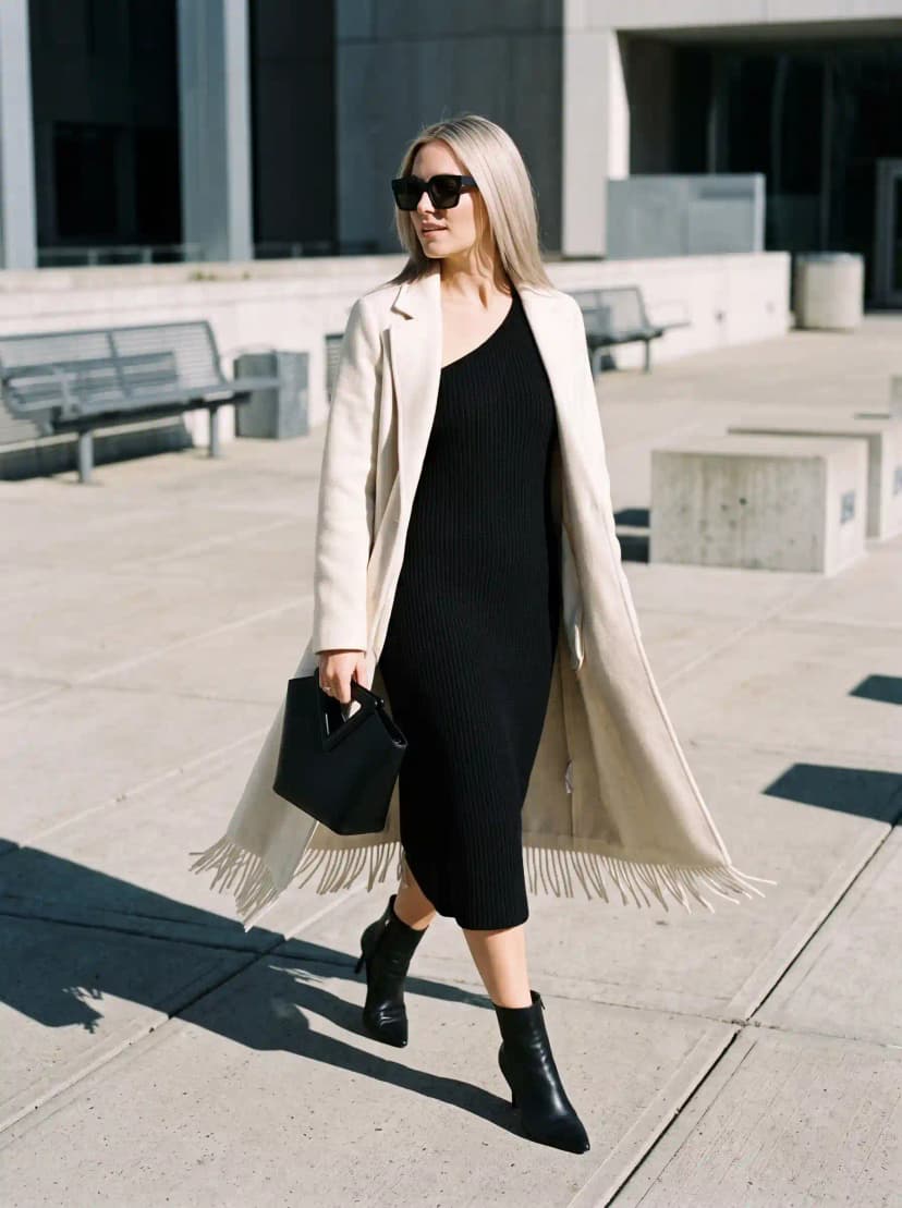Black Ribbed Midi Dress + Cream Fringe Coat