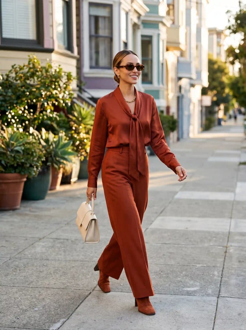 Rust Pussycat-Bow Blouse + Rust Trousers