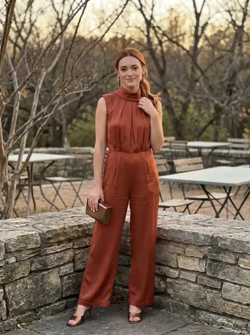 Rust terracotta halter-neck jumpsuit with wide palazzo legs and brown strappy heeled sandals