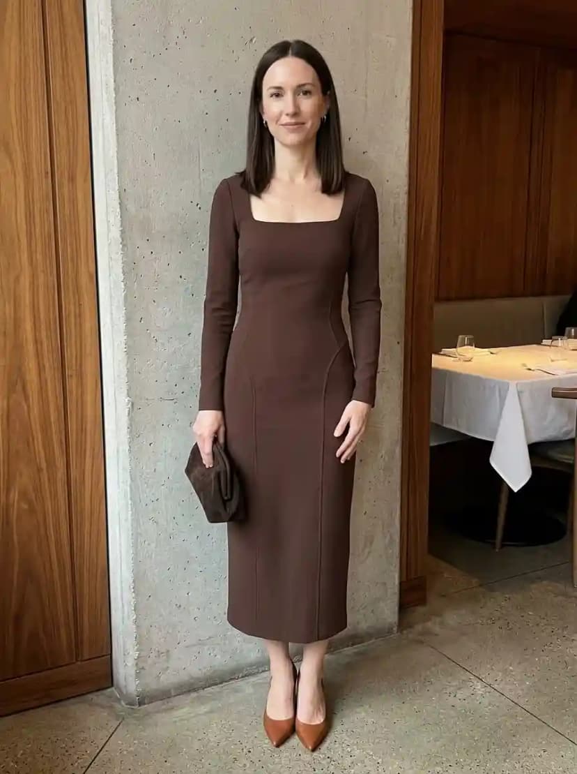 Rich chocolate brown square-neck long-sleeve midi dress in structured knit fabric