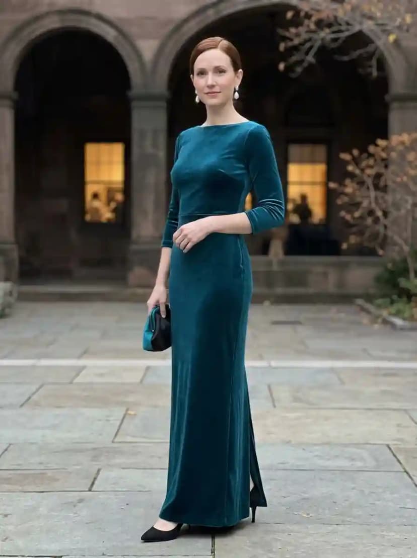 Deep teal velvet mock-neck floor-length gown with three-quarter sleeves and a subtle side slit