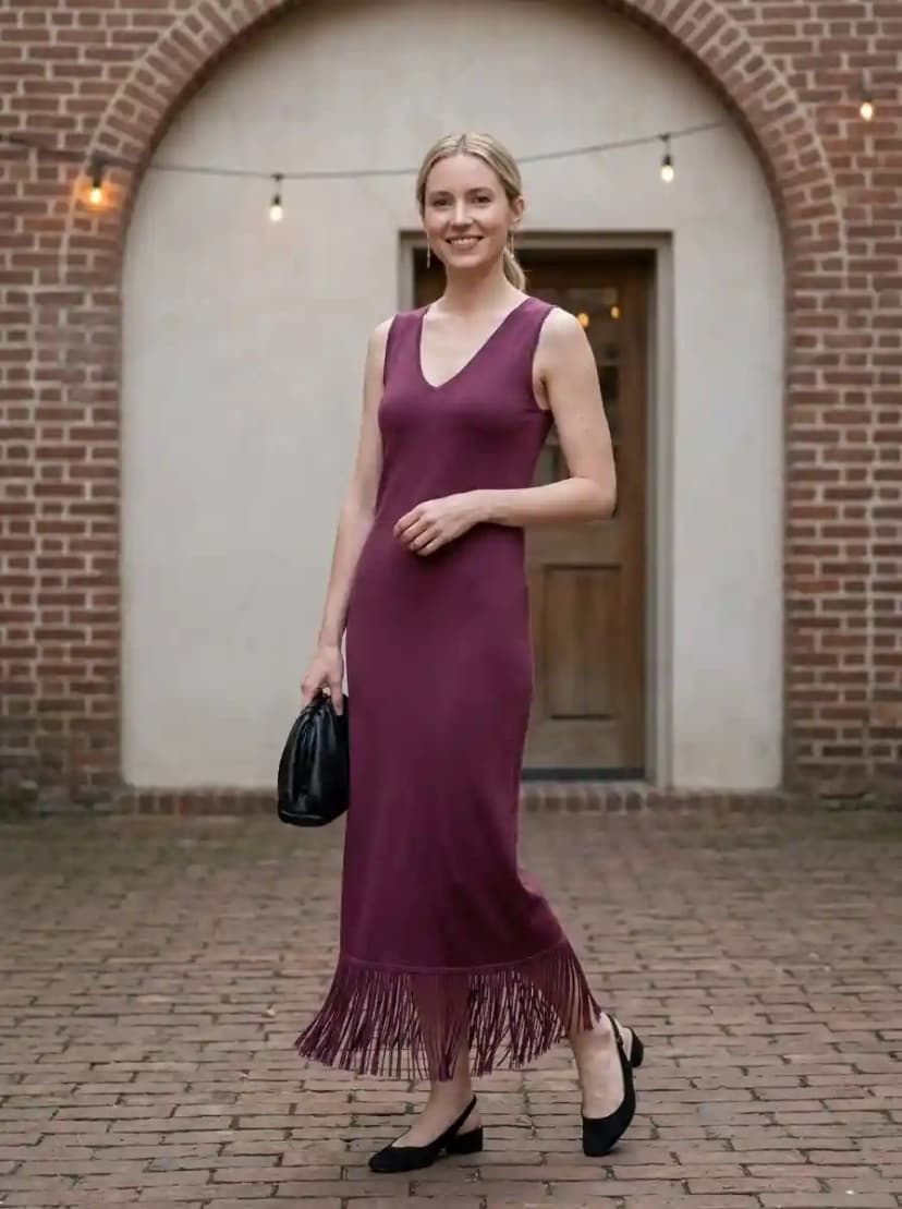 Deep plum V-neck sleeveless maxi dress with long fringe trim at the hemline