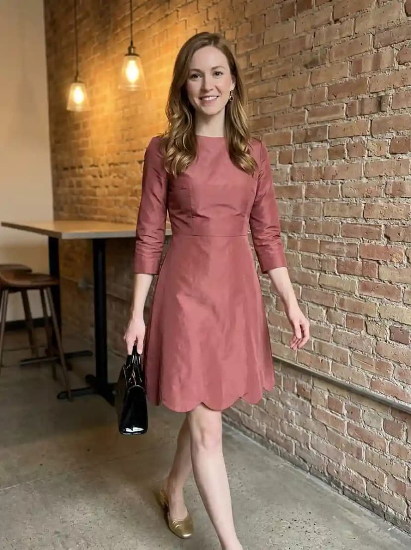 Dusty rose A-line dress with scalloped hemline, high round neckline, and three-quarter sleeves