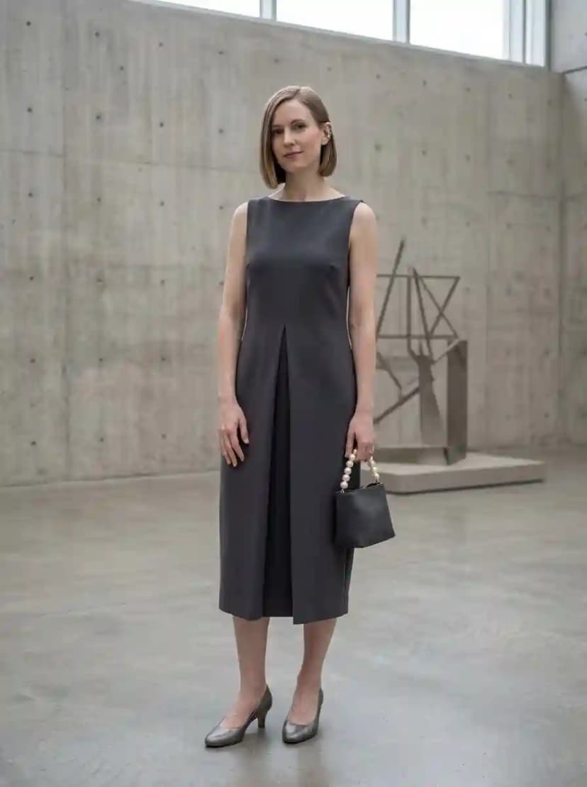 Dark charcoal sleeveless A-line midi dress with high bateau neckline and center front box pleat