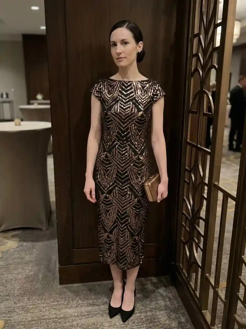Black base fitted sheath midi dress with all-over gold, bronze, and rose gold sequin Art Deco chevron patterns