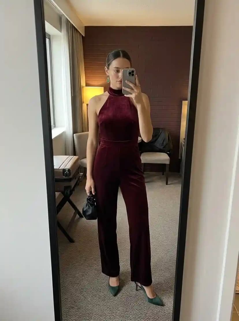 Burgundy velvet halter-neck jumpsuit with straight-leg trousers and emerald pointed-toe pumps