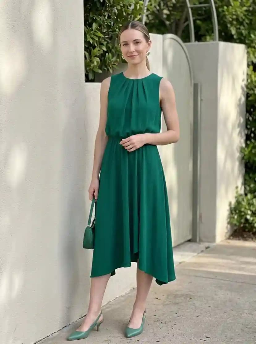 Emerald green sleeveless pleated midi dress with high round neckline and asymmetrical hem