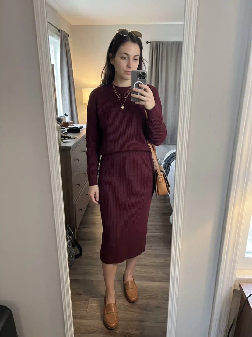 Burgundy ribbed crewneck sweater, burgundy ribbed midi pencil skirt, tan loafers, and tan crossbody bag