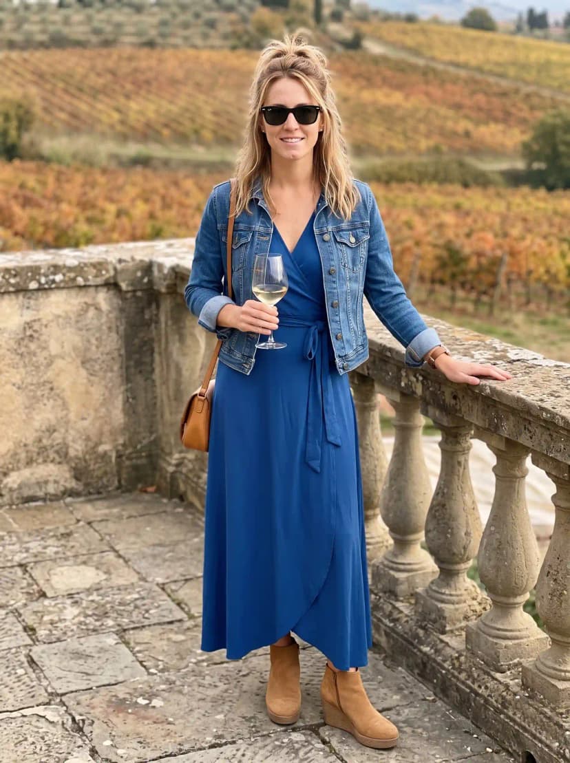 Cobalt blue wrap midi dress, medium-wash denim jacket, tan wedge ankle boots, and tan crossbody bag