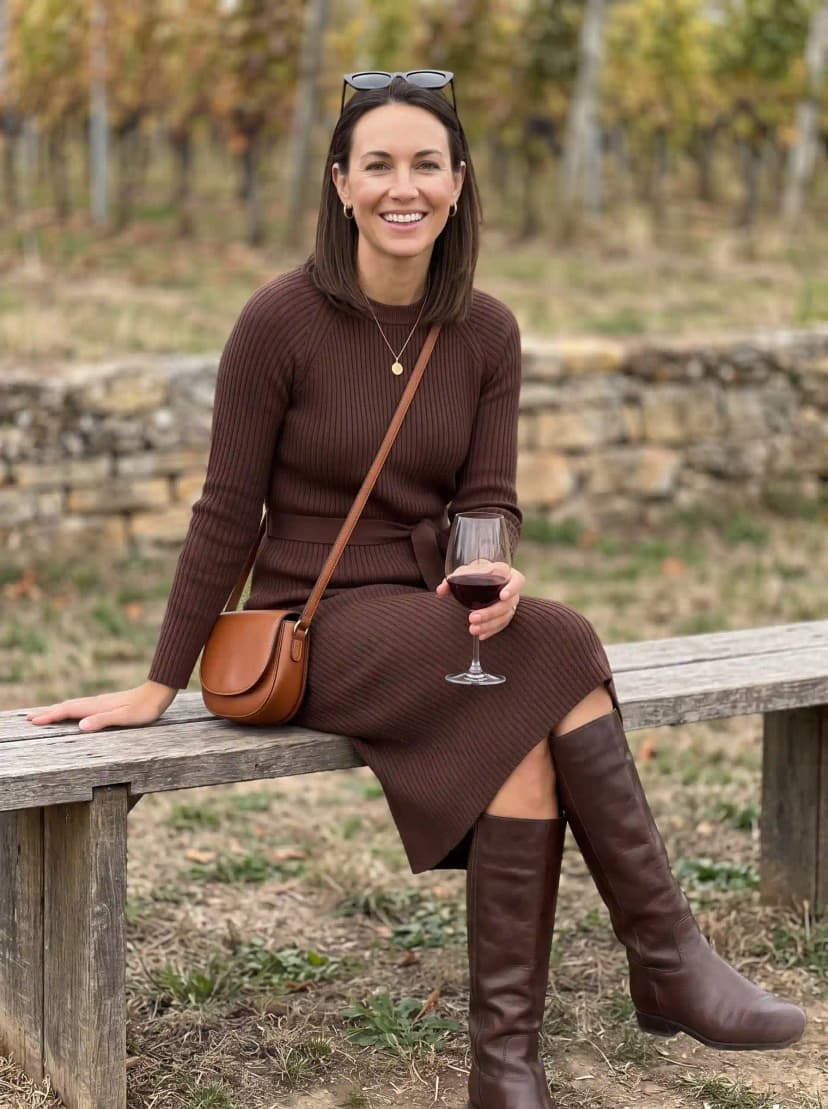 Chocolate brown ribbed sweater dress, brown knee-high boots, cognac saddle bag, and gold pendant necklace