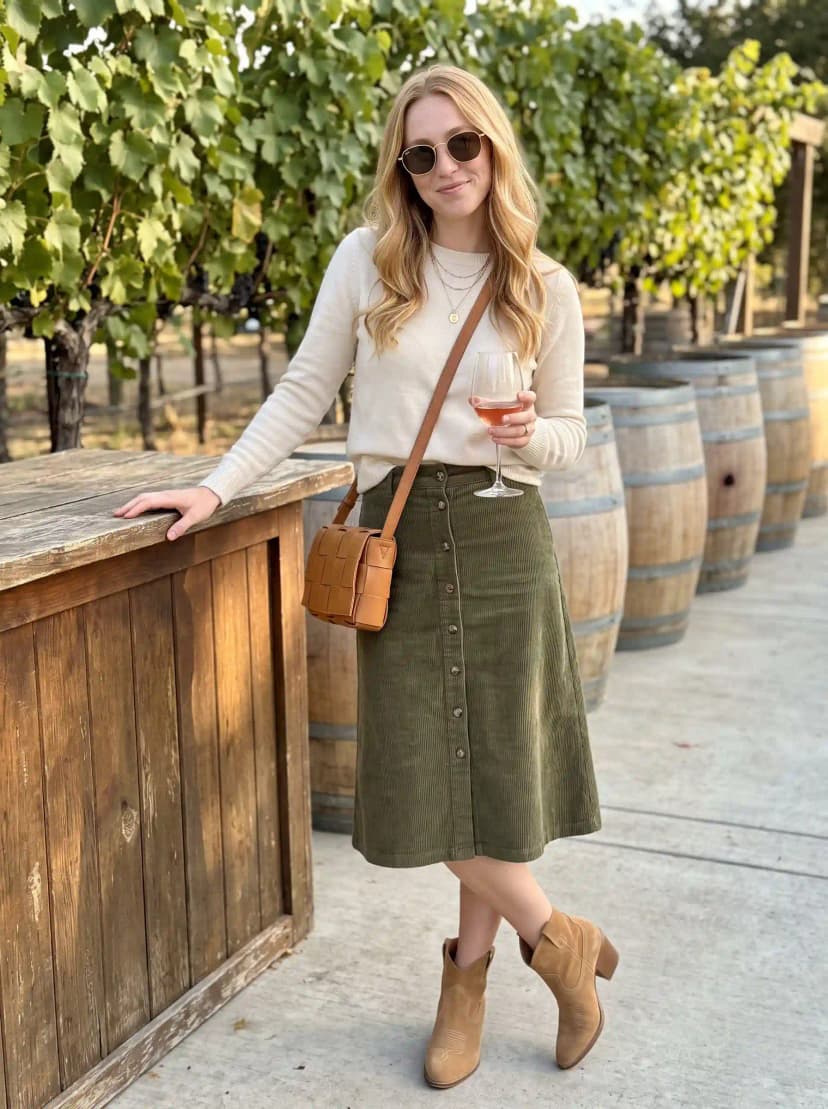 Cream crewneck sweater, olive green corduroy midi skirt, tan suede ankle boots, and tan crossbody bag