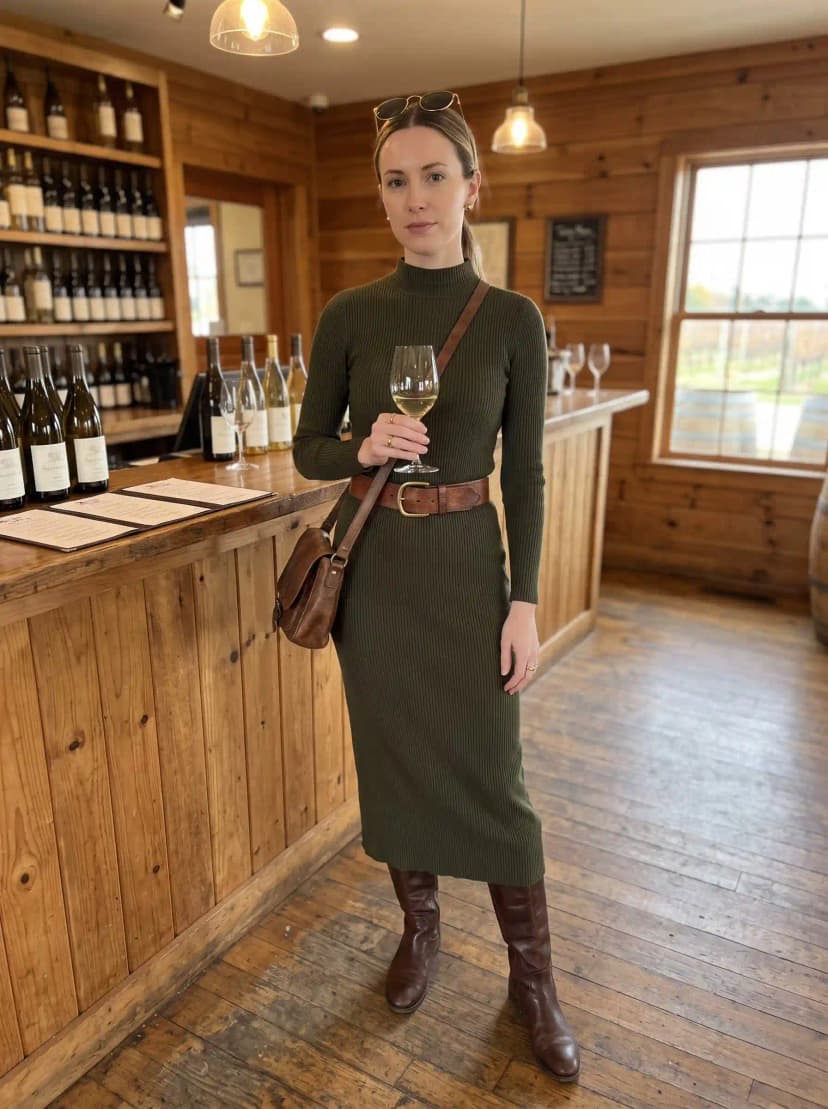 Olive green ribbed turtleneck dress, brown leather belt, brown knee-high boots, and brown saddle bag