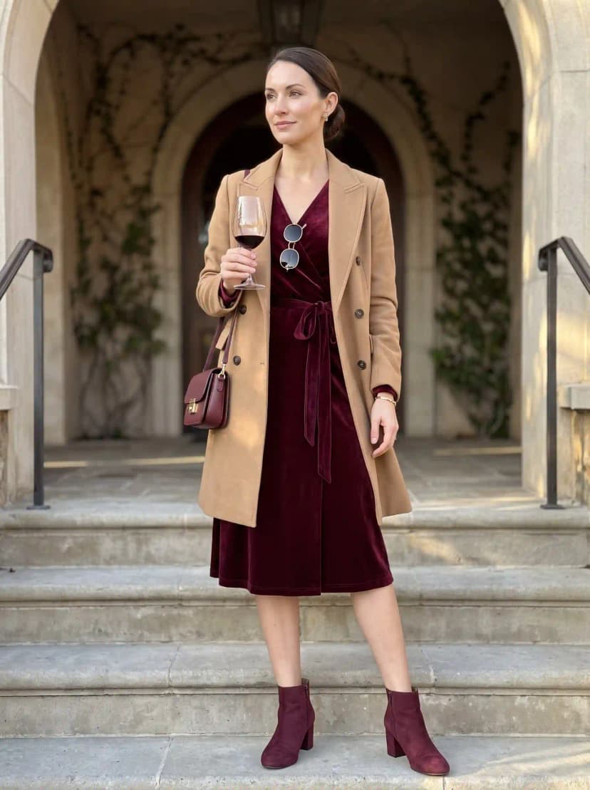 Camel wool coat, burgundy velvet wrap dress, burgundy suede ankle boots, and burgundy handbag