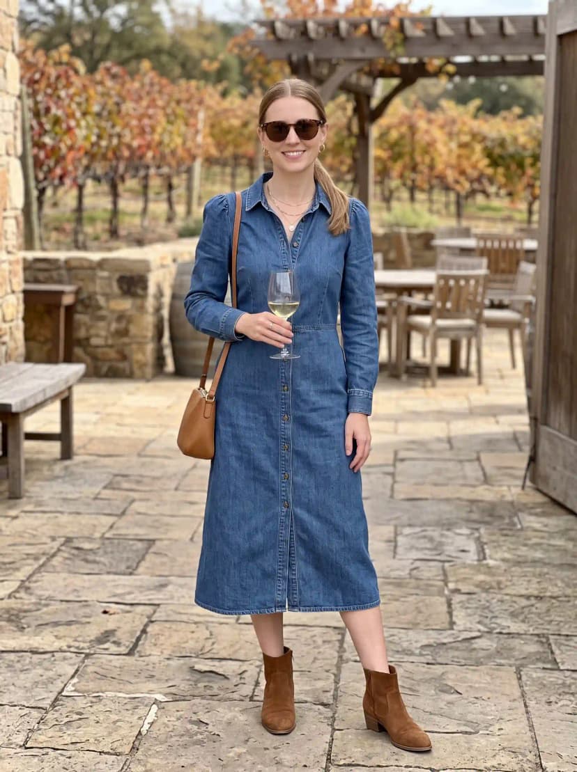 Medium-wash denim shirtdress, tan suede ankle boots, and tan leather shoulder bag