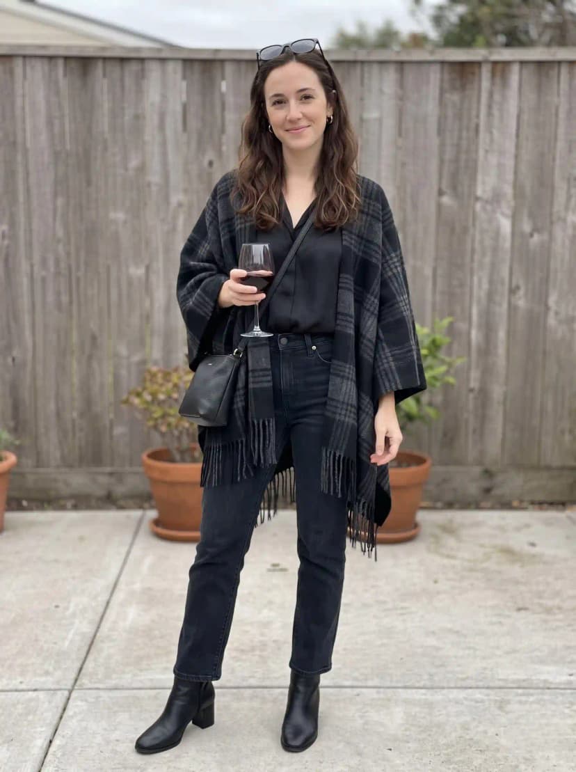 Black V-neck blouse, black straight-leg jeans, black-and-grey plaid cape with fringe, and black ankle boots