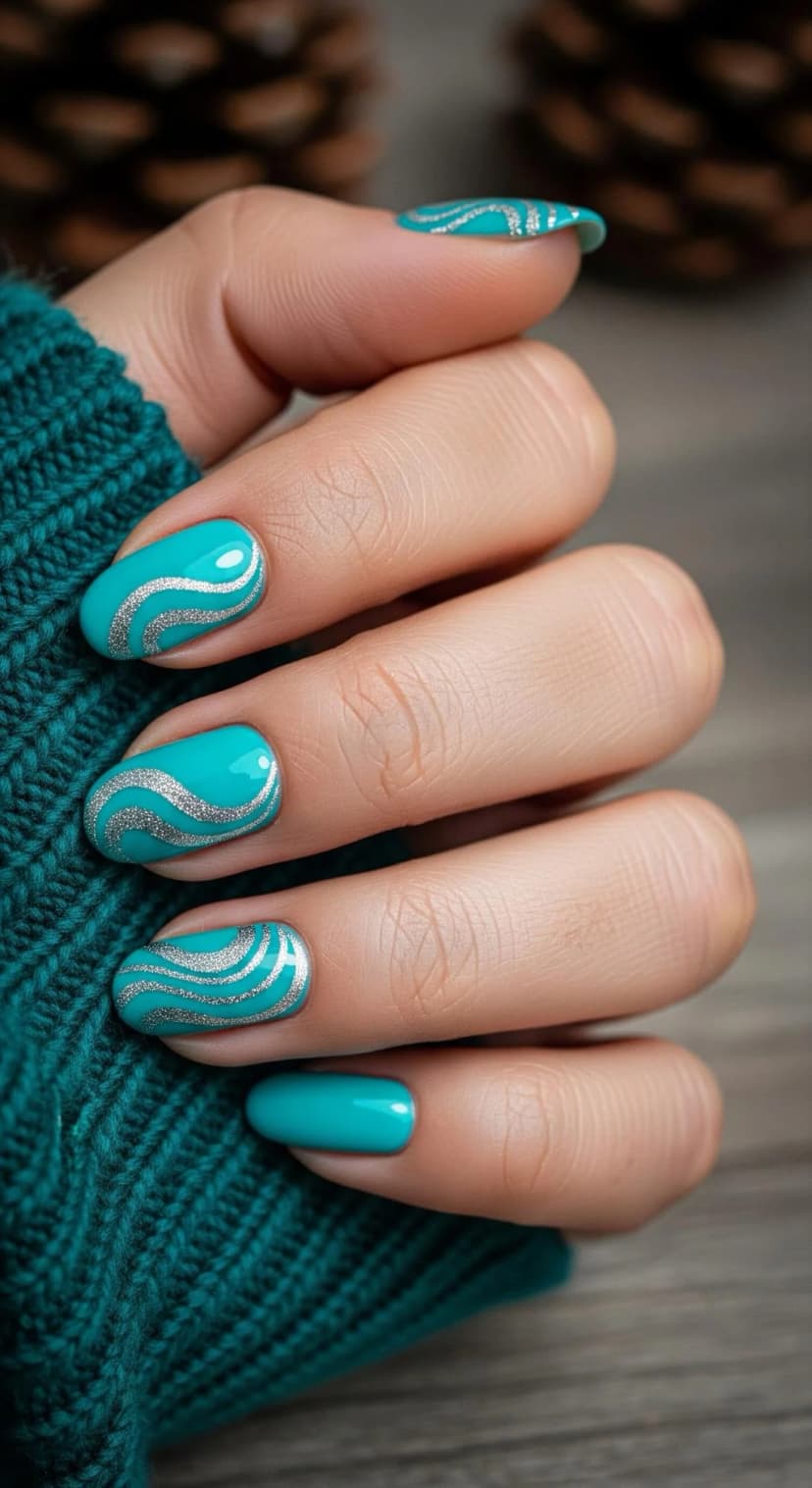 Glossy Teal Nails with Silver Swirl Art