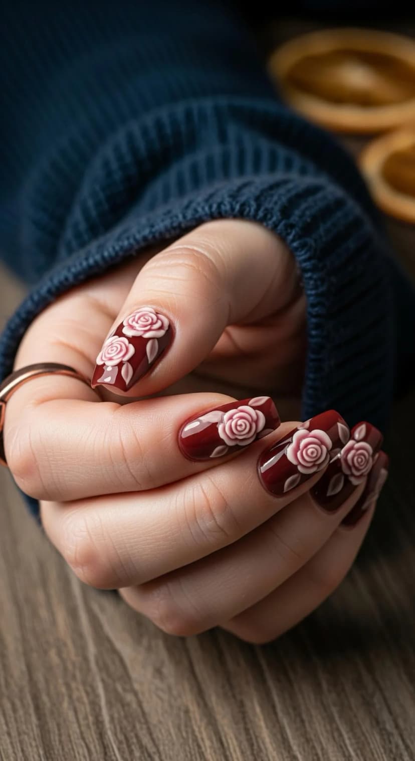 Dark Red Nails with 3D Rose Embellishments