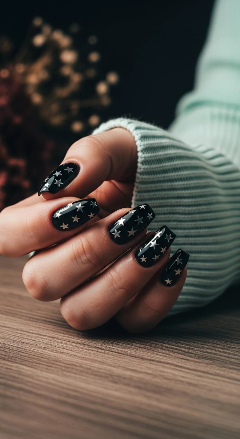 Black Glossy Coffin Nails with Silver Star Decals
