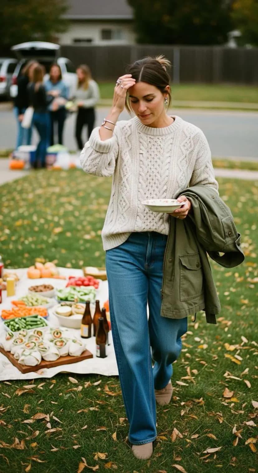 Cream Cable Knit Sweater + Wide-Leg Jeans + Taupe Flats + Utility Jacket