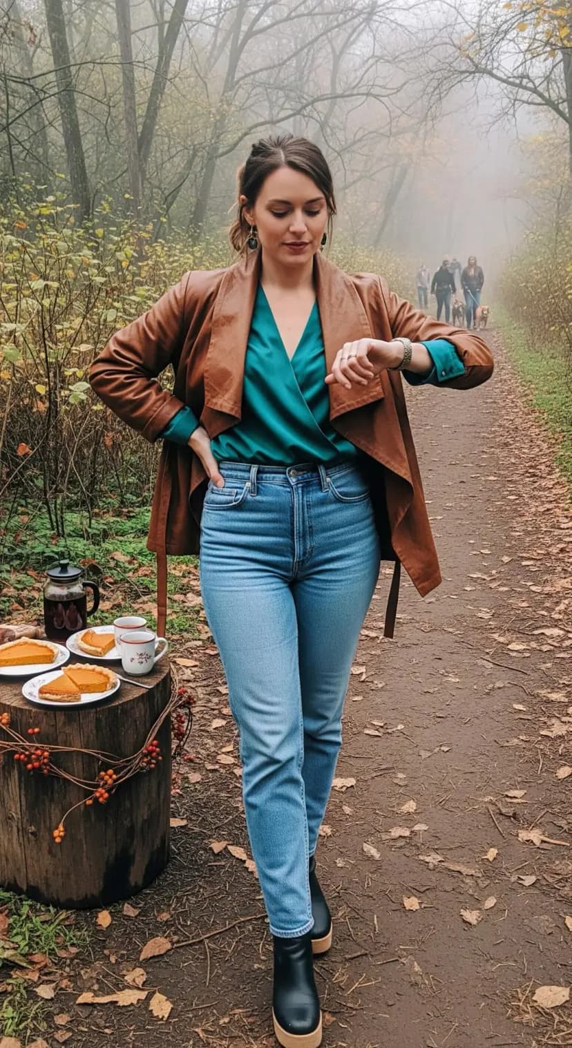Teal Wrap Top + Brown Jacket + Blue Jeans + Black Clogs