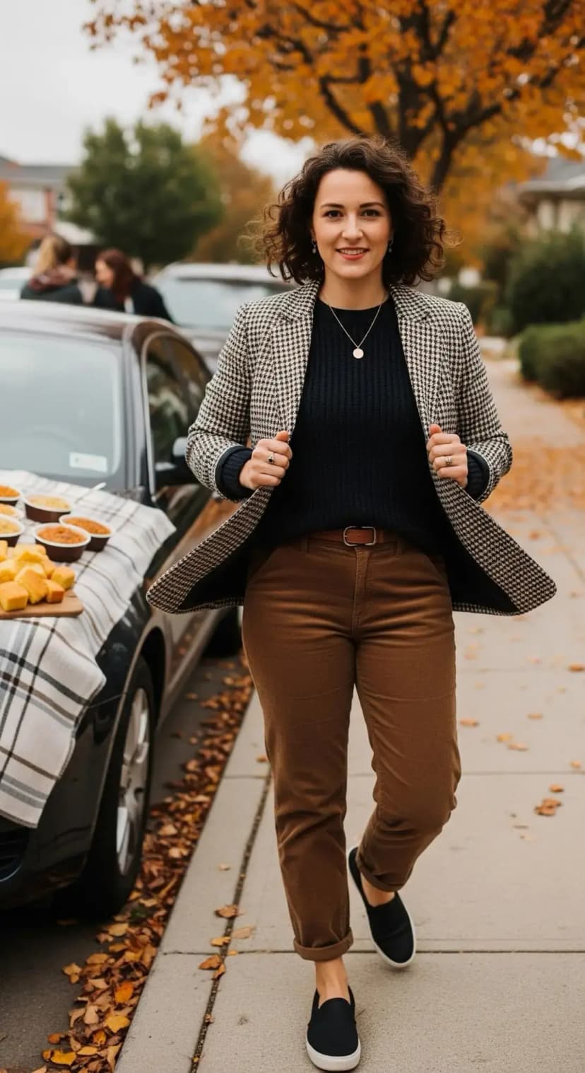 Houndstooth Blazer + Navy Sweater + Brown Pants + Black Slip-Ons