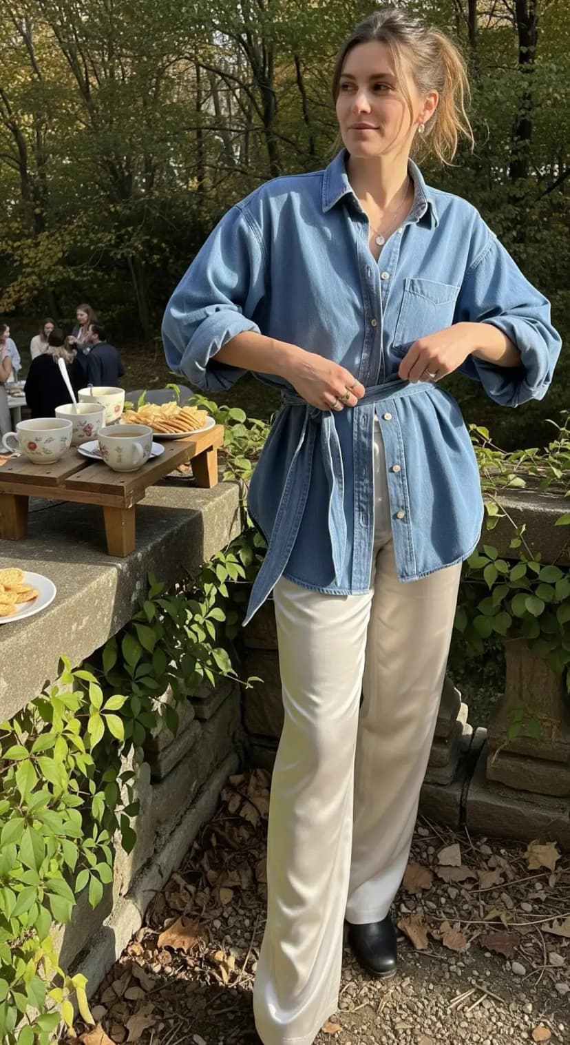Belted Denim Shirt + White Wide-Leg Pants + Black Boots