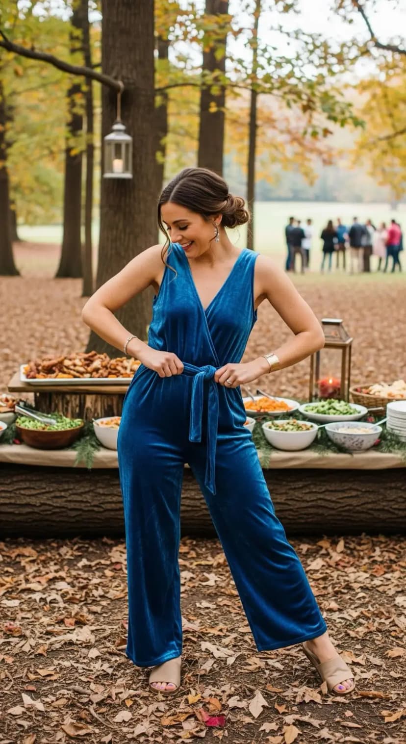 Blue Velvet Jumpsuit + Nude Heeled Sandals + Silver Jewelry