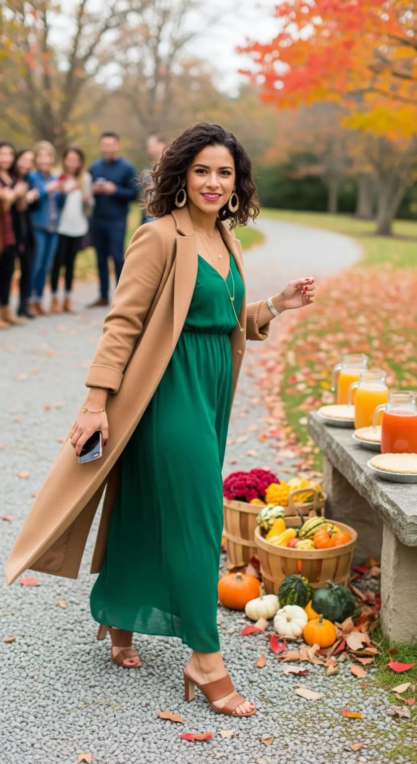 Green Maxi Dress + Camel Coat + Brown Block Heels