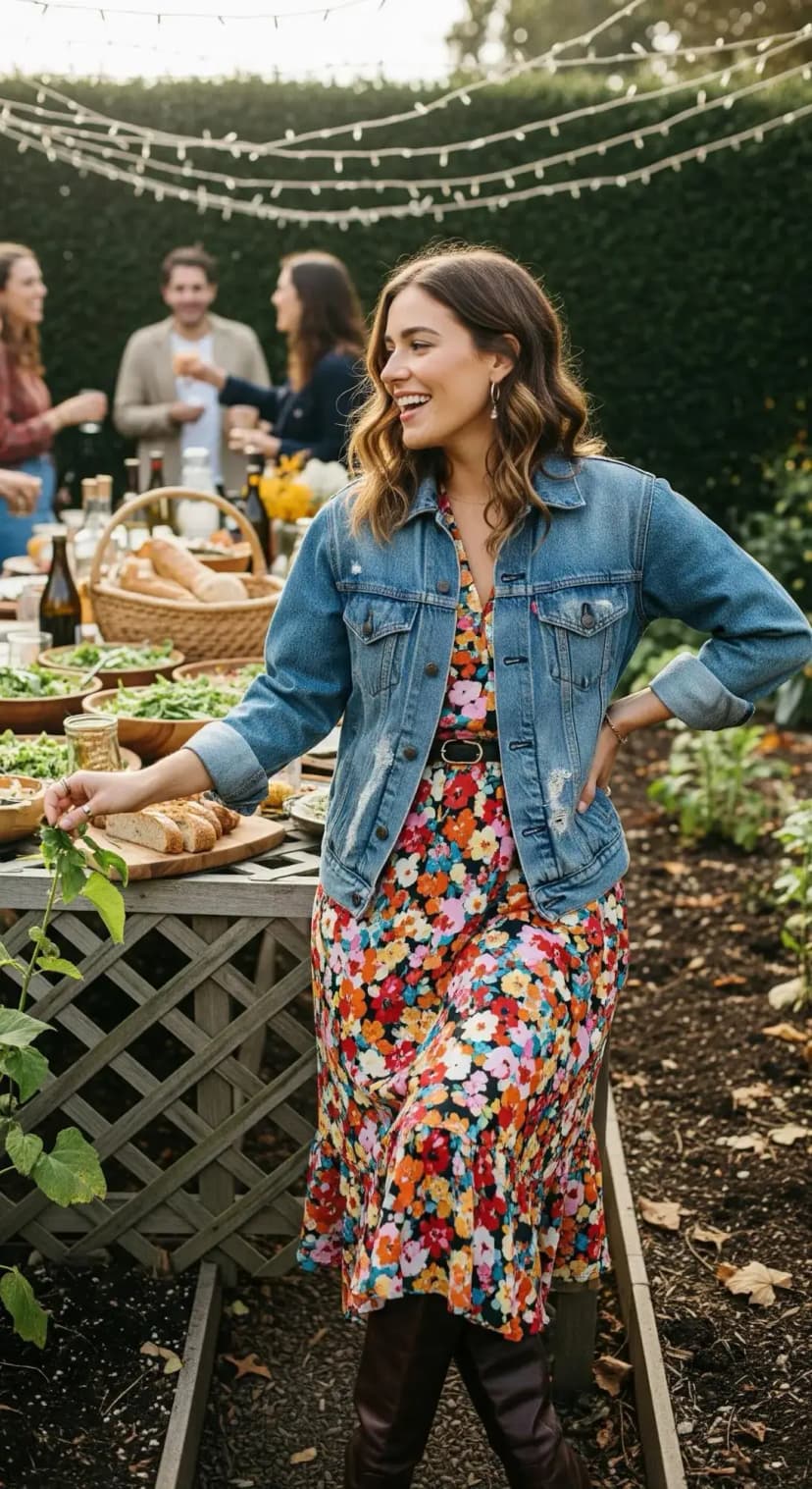 Floral Midi Dress + Denim Jacket + Brown Knee Boots