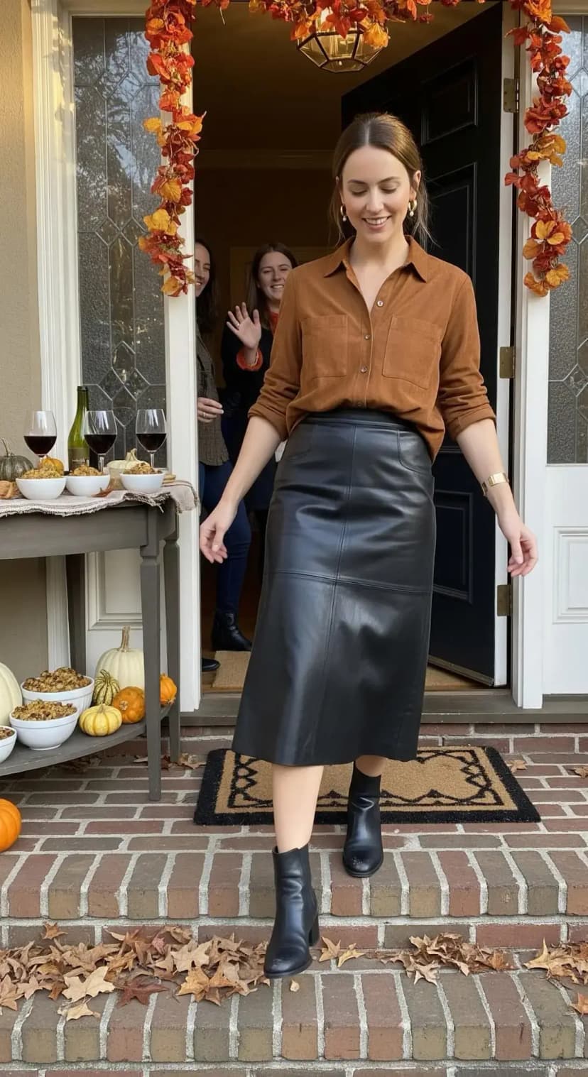 Brown Button-Up Shirt + Black Leather Midi Skirt + Black Booties