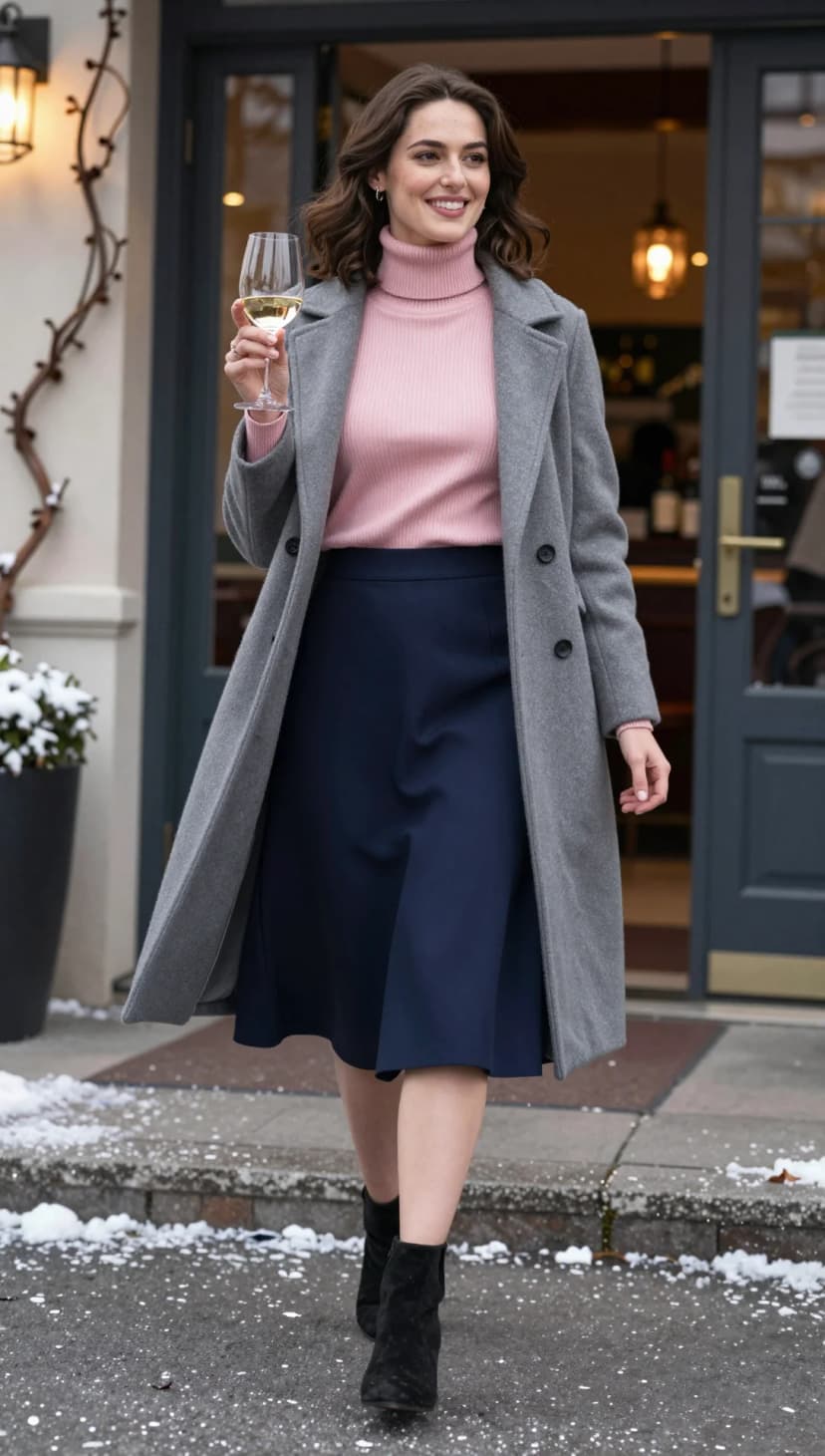 Pink Ribbed Knit Turtleneck + Navy A-Line Skirt + Grey Wool Coat + Brown Suede Boots