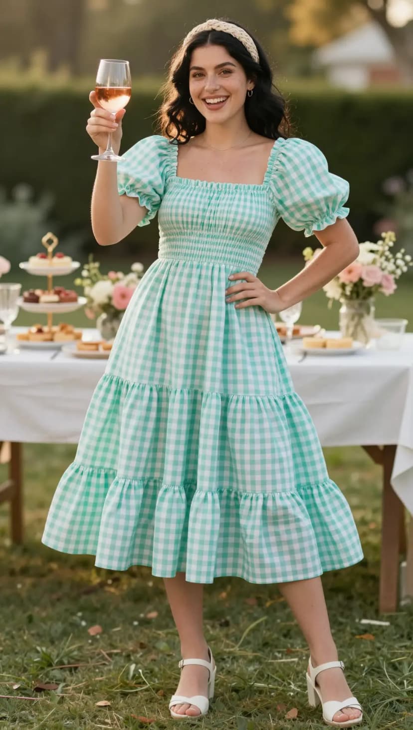 Green Gingham Cotton Midi Dress