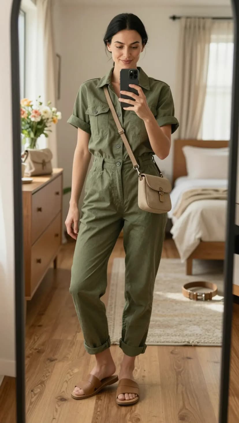 Olive Cotton Utility Jumpsuit