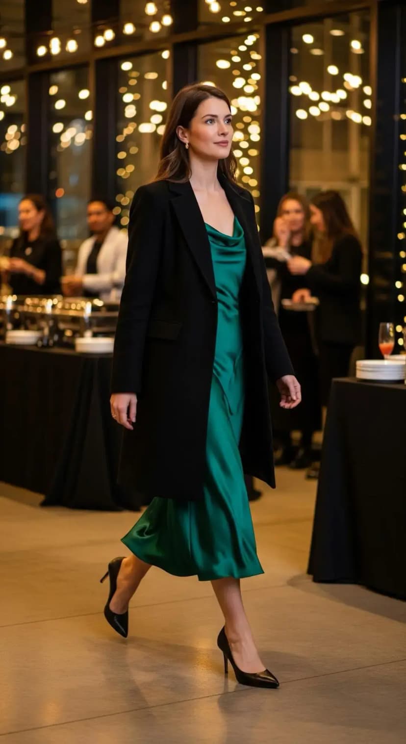 Emerald Satin Dress with Black Coat