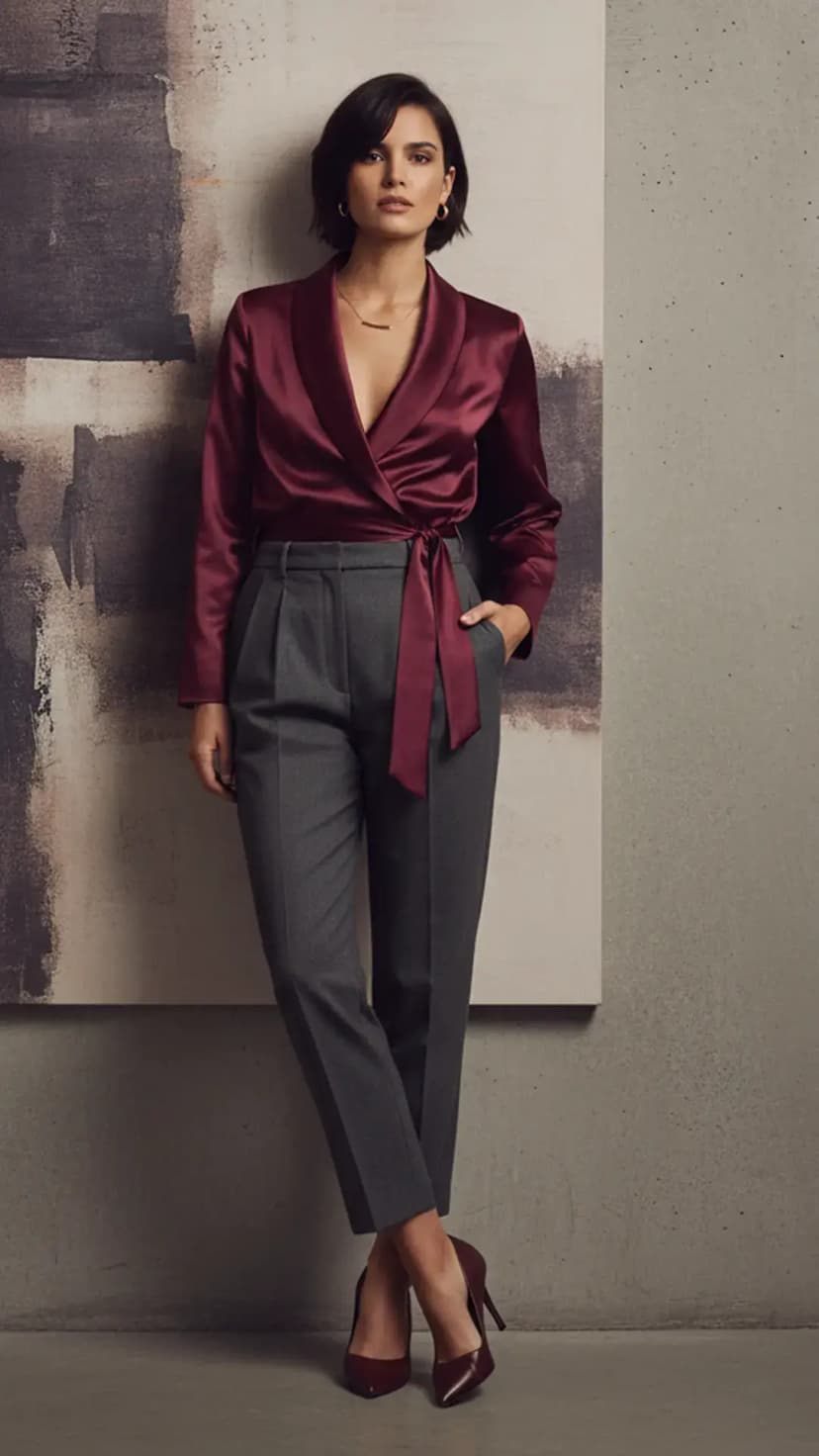 Burgundy Wrap Blouse & Grey Pants