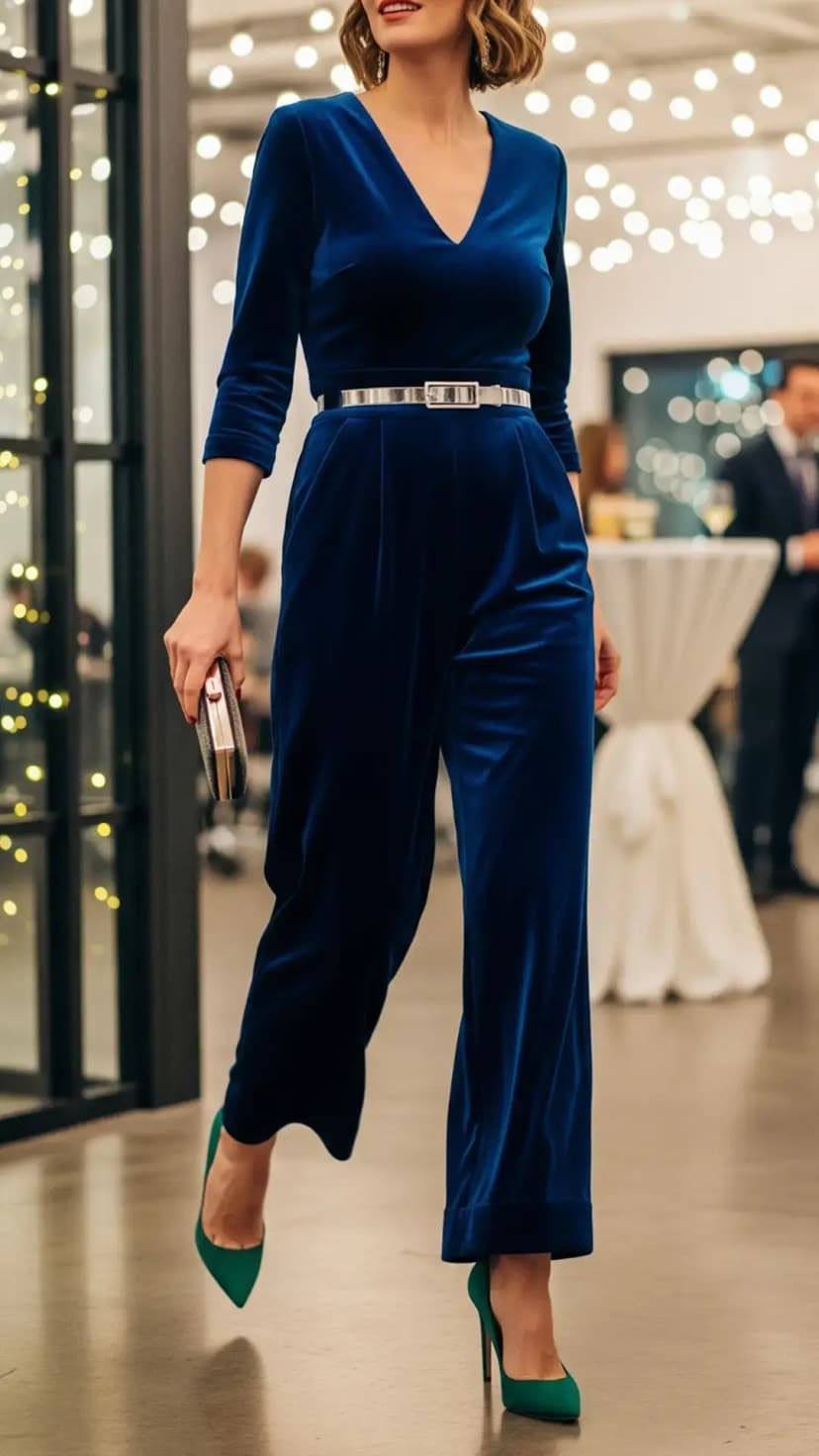 Blue Velvet Jumpsuit & Silver Belt
