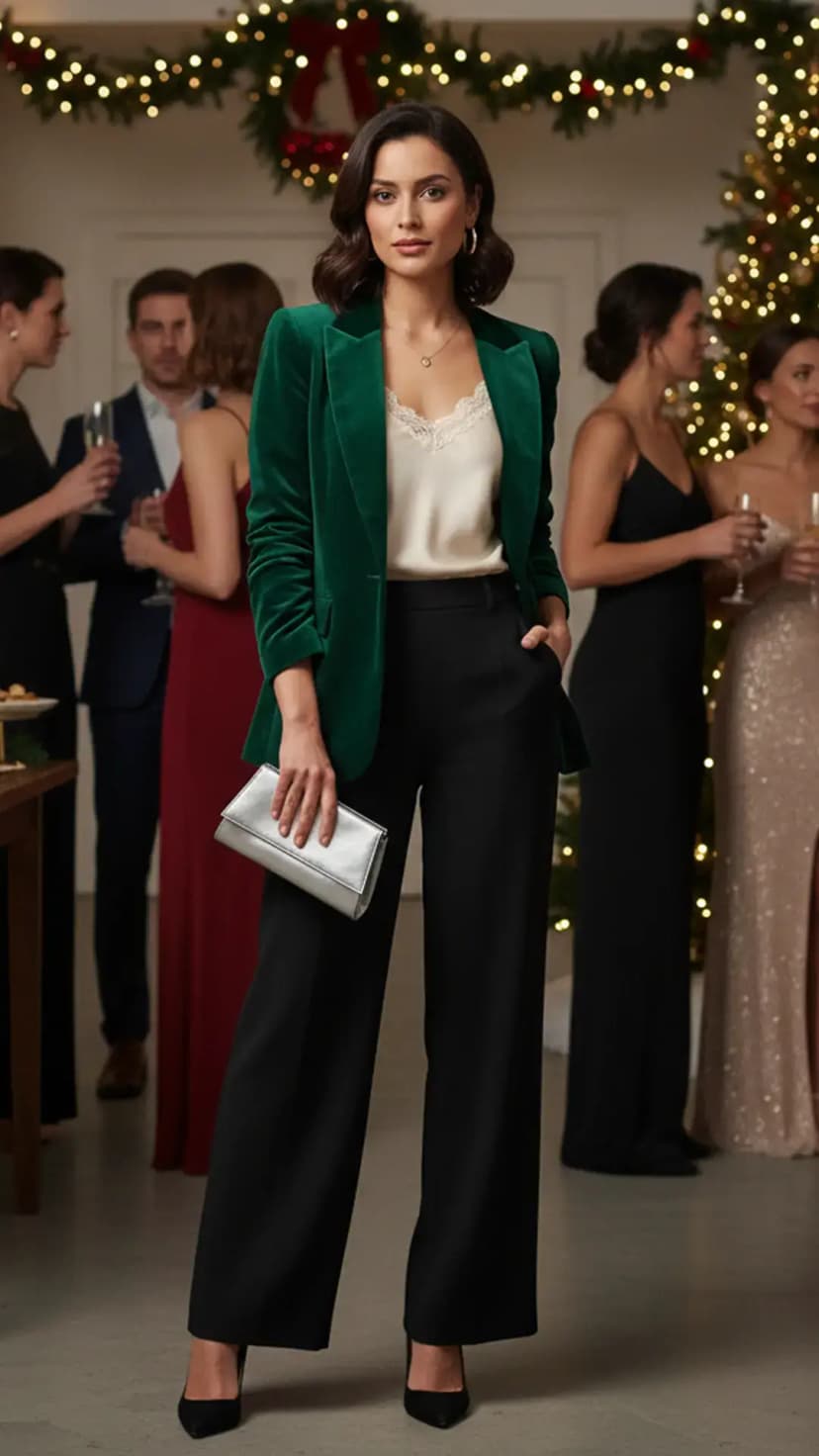 Velvet Green Blazer & Wide-Leg Trousers