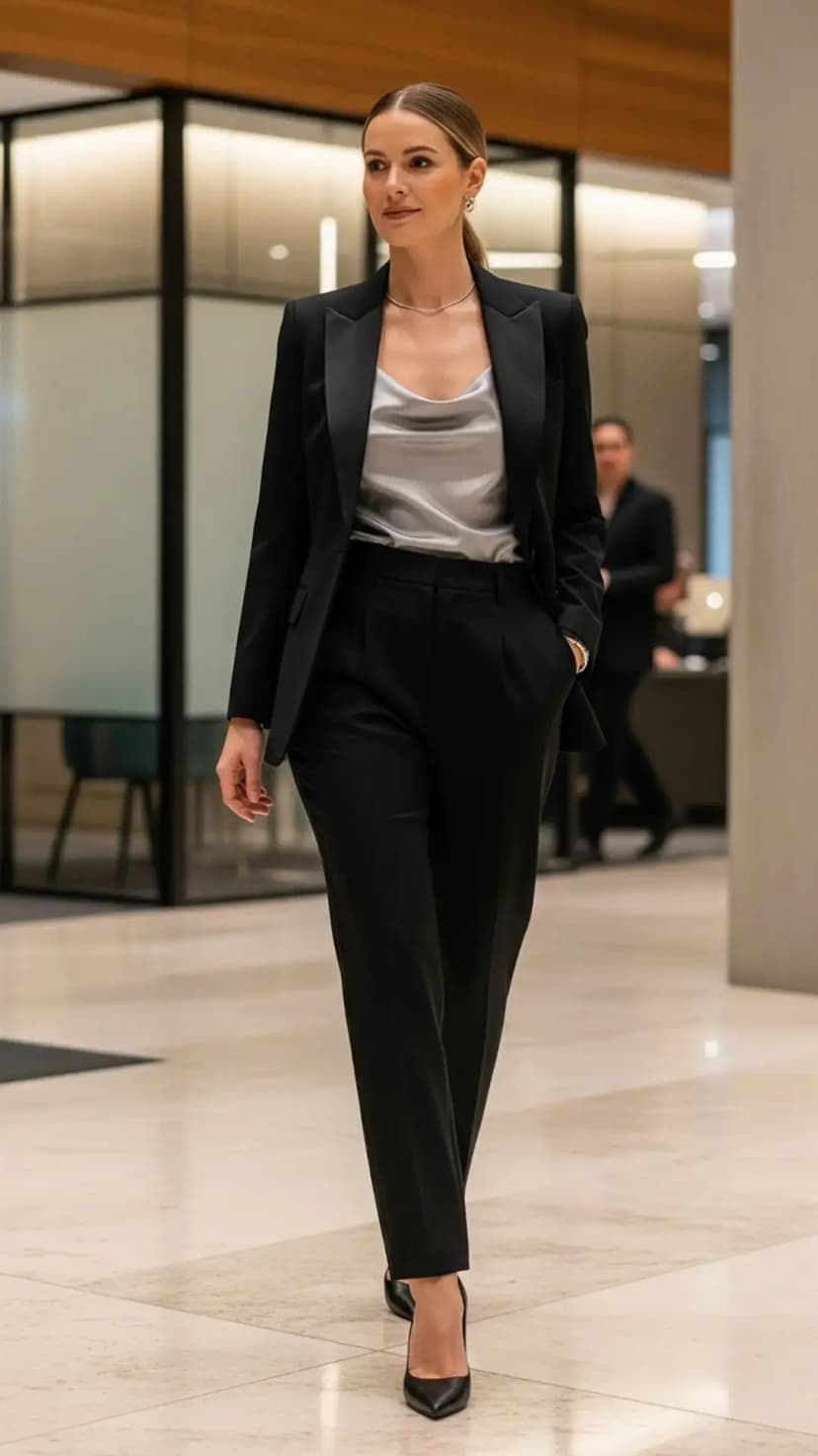Sleek Black Tuxedo with Silver Cami
