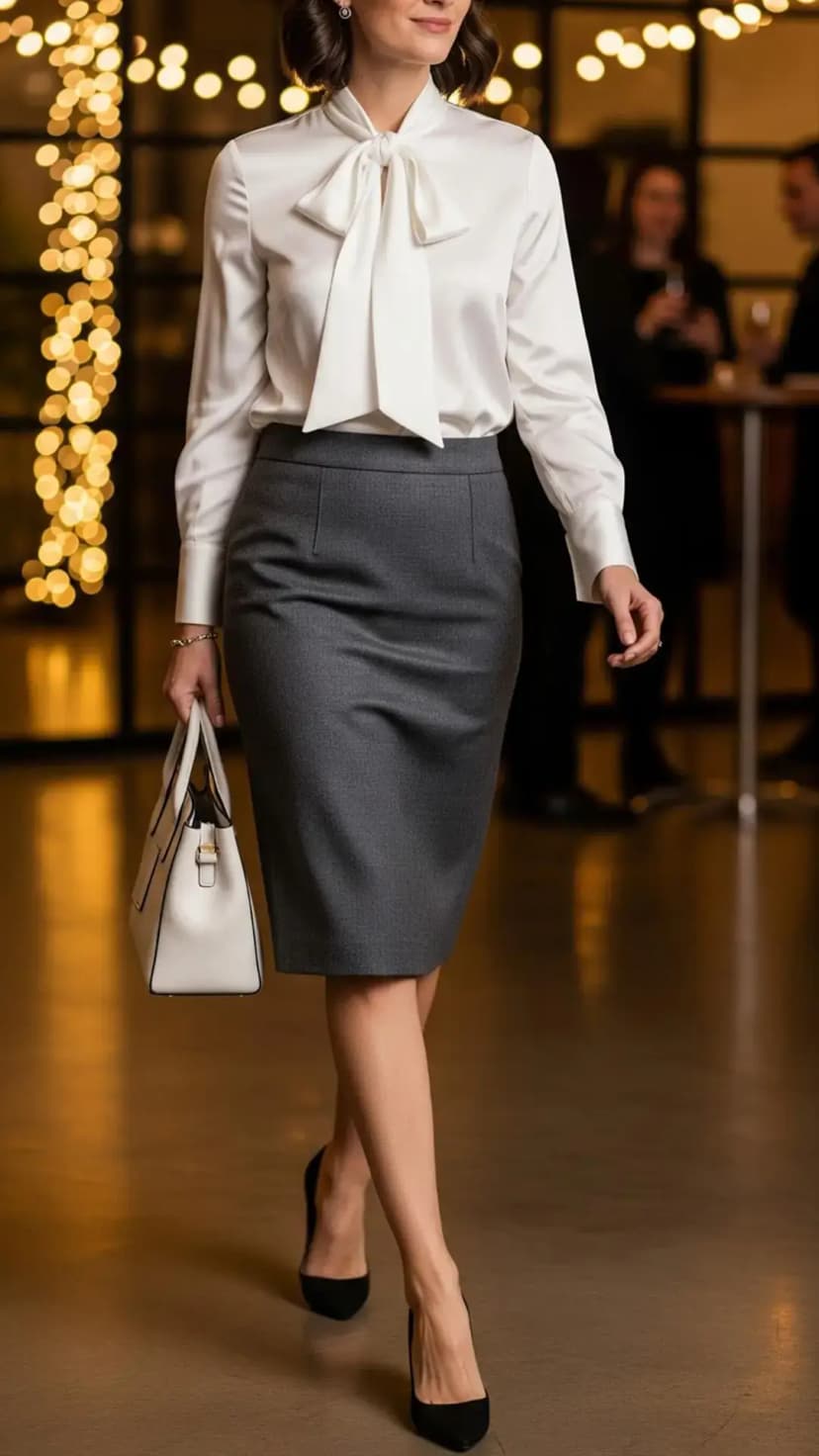 Ivory Bow Blouse & Grey Pencil Skirt