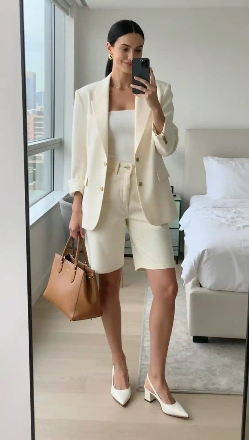 Cream Blazer + Cream Jorts + White Tube Top