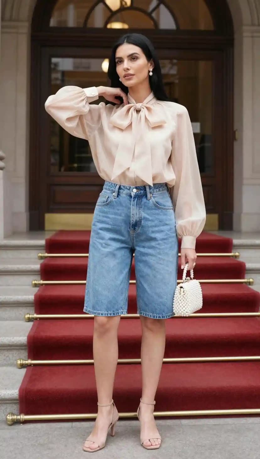 Sheer Bow Blouse + Denim Jorts + Pearl Bag