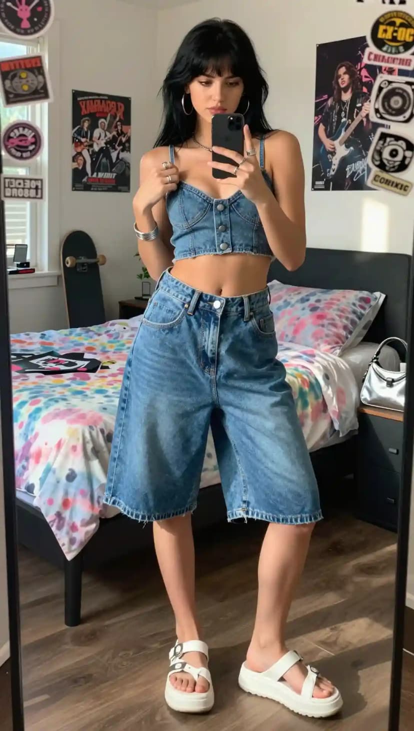 Denim Crop Top + Wide-Leg Denim Jorts